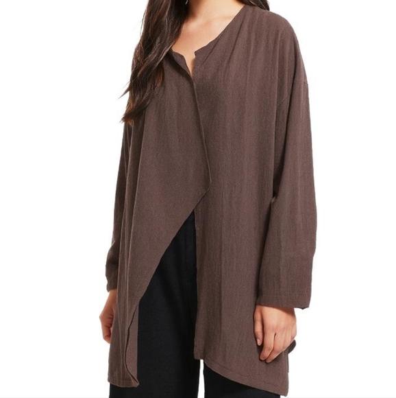 Kaliyana Jacket Brown Linen Blend Open Front Assymmetric Loose Fit Women's L - Picture 1 of 13